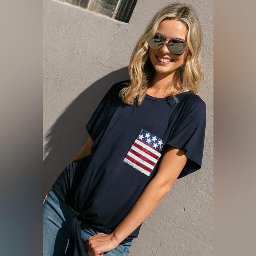 💥Navy Top with Sequin American Flag